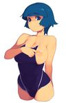  adjusting_clothes adjusting_swimsuit aqua_hair arm_behind_back bangs blue_eyes blue_hair blunt_bangs blush breasts collarbone covered_navel cropped_legs inverted_nipples large_breasts metata nipple_slip nipples one-piece_swimsuit original short_hair simple_background solo sweat swimsuit swimsuit_pull white_background 