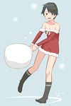  :d bare_shoulders black_eyes black_hair blue_background blush collarbone dated detached_sleeves full_body fur_trim hair_ornament holly_hair_ornament kantai_collection kawashina_(momen_silicon) looking_at_viewer mogami_(kantai_collection) open_mouth sack santa_costume short_hair smile solo strapless_santa_dress 