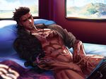  1boy abs bed black_hair cum cum_on_body erection facial_hair final_fantasy final_fantasy_xv gladiolus_amicitia grin lying male_focus muscle naughty_face pecs penis penis_grab pillow scar smile smirk solo_focus testicle_grab testicles window 