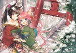  animal_ears architecture bandaid black_hair blue_eyes cat_ears cat_tail collarbone crossed_bandaids east_asian_architecture eyebrows_visible_through_hair fang floral_print flower forked_tail green_kimono hair_flower hair_ornament heterochromia holding_hands ichijou_kokona japanese_clothes kimono long_hair looking_at_viewer midorikawa_you multiple_girls obi off_shoulder open_mouth original pink_hair ponytail purple_eyes red_eyes red_kimono sash smile snow snowing stairs tail torii wide_sleeves 