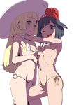  bangs beanie bikini black_eyes black_hair blonde_hair blunt_bangs breasts clearite covered_nipples duplicate flat_chest green_eyes groin hat lillie_(pokemon) long_hair looking_at_viewer mizuki_(pokemon) multiple_girls o-ring o-ring_bikini o-ring_bottom one_eye_closed open_mouth pokemon pokemon_(game) pokemon_sm side-tie_bikini simple_background skinny small_breasts smile sun_hat swimsuit thigh_straddling underboob v white_background white_bikini white_hat yellow_bikini yuri z-ring 