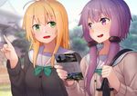  ahoge bag bangs blonde_hair bow bowtie cardigan collarbone commentary_request dacchi day eye_contact eyebrows_visible_through_hair green_bow green_eyes green_neckwear hair_ornament highres holding holding_bag holding_strap long_hair looking_at_another multiple_girls open_mouth outdoors pointing pointing_forward purple_eyes purple_hair school_uniform serafuku short_hair_with_long_locks sidelocks smile teeth tsurumaki_maki vocaloid voiceroid yuzuki_yukari 