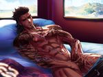  1boy abs bed black_hair cum cum_on_body erection facial_hair final_fantasy final_fantasy_xv gladiolus_amicitia grin lying male_focus muscle naughty_face pecs penis penis_grab pillow scar smile smirk solo_focus testicle_grab testicles topless window 