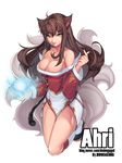  absurdres ahri animal_ears artist_name bad_id bad_pixiv_id bare_shoulders breasts brown_hair character_name cleavage detached_sleeves energy_ball fox_ears fox_tail highres korean_clothes large_breasts league_of_legends lee_seok_ho long_hair multiple_tails solo tail watermark web_address yellow_eyes 