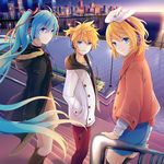  2girls akiyoshi_(tama-pete) album_cover blonde_hair blue_eyes blue_hair boots brown_footwear choker city coat cover hair_ornament hairclip hand_in_pocket hatsune_miku headphones kagamine_len kagamine_rin knee_boots long_hair looking_at_viewer multiple_girls outdoors stairs thighhighs twintails very_long_hair vocaloid water 