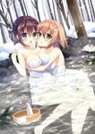 :o absurdres afloat bare_legs bare_shoulders bare_tree barefoot bathing blue_eyes blush breasts brown_hair chestnut_mouth choko_(cup) cleavage collarbone cup day eyebrows_visible_through_hair green_eyes hair_between_eyes hair_ornament hairclip highres holding hug jug leaf looking_at_viewer medium_breasts multiple_girls naked_towel onsen open_mouth original outdoors partially_submerged rock scan shiny shiny_skin short_hair sitting snow snowing sumisaki_yuzuna tareme tokkuri towel tree winter yuri 