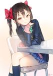  ancotaku artist_name bangs black_hair blazer bow bowtie chair chin_rest crossed_legs desk green_bow green_neckwear hair_between_eyes hair_bow jacket kneehighs long_sleeves looking_at_viewer love_live! love_live!_school_idol_project miniskirt navy_blue_legwear pink_bow pleated_skirt red_eyes simple_background sitting skirt sleeves_past_wrists smile solo striped striped_bow striped_neckwear twintails white_background yazawa_nico 