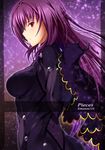  bangs bodysuit breasts emanon123 fate/grand_order fate_(series) gloves highres large_breasts long_hair long_sleeves looking_at_viewer pauldrons profile purple_bodysuit purple_hair red_eyes scathach_(fate)_(all) scathach_(fate/grand_order) shoulder_pads smile solo 