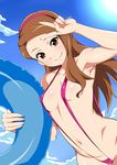  absurdres blue_sky blush breasts brown_hair cloud commentary_request covered_nipples day dutch_angle fingernails forehead hairband highres idolmaster idolmaster_(classic) innertube jabara_tornado lips long_hair looking_at_viewer minase_iori navel outdoors salute shiny shiny_hair shiny_skin sky slingshot_swimsuit small_breasts smile solo swimsuit v 