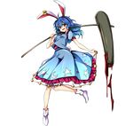  absurdres ambiguous_red_liquid animal_ears baba_(baba_seimaijo) blue_dress blue_hair bunny_ears bunny_tail crescent dress ear_clip full_body highres kine long_hair mallet non-web_source open_mouth puffy_short_sleeves puffy_sleeves red_eyes seiran_(touhou) shoes short_sleeves smirk solo star tail third-party_edit touhou transparent_background weapon 