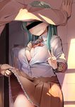 1girl ascot blouse blush bra bra_removed breasts brown_skirt byte_(allbyte) censored cleavage commentary_request green_eyes green_hair kantai_collection large_breasts long_hair money no_panties open_mouth out_of_frame scrunchie see-through shirt skirt skirt_lift solo_focus suzuya_(kantai_collection) wall_slam white_shirt wrist_scrunchie 