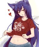  ahri akira_b animal_ears breasts collarbone english fox_ears fox_tail heart league_of_legends long_hair medium_breasts midriff multiple_tails navel red_shirt shirt shirt_lift simple_background solo tail white_background yellow_eyes 
