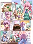  choker comic eyeball green_hair hata_no_kokoro heart komeiji_koishi komeiji_satori morichika_rinnosuke pink_eyes pink_hair plaid plaid_shirt shirt sweatdrop third_eye touhou translated yuzuyunagi 