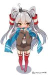  amatsukaze_(kantai_collection) awata_mokane bangs blush brown_dress covered_mouth dress eyebrows_visible_through_hair from_above full_body fume garter_straps hair_tubes hairband hand_to_own_mouth kantai_collection legs_apart lifebuoy long_hair long_sleeves looking_away looking_to_the_side red_legwear scarf scarf_over_mouth shadow short_dress silver_hair simple_background sleeves_past_wrists solo standing thighhighs twitter_username two_side_up very_long_hair white_background windsock yellow_eyes 