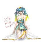  2016 absurdres bare_shoulders blonde_hair blue_eyes blue_hair breasts cleavage dress gradient_hair hair_ornament hanbok happy_new_year heart highres karukaru86 kneeling korean_clothes large_breasts league_of_legends long_hair looking_at_viewer multicolored_hair new_year short_dress solo sona_buvelle strapless strapless_dress 