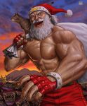  2016 :d absurdres animal animal_on_shoulder artist_name bad_id bad_pixiv_id beard blue_eyes blush carrying cat cat_on_shoulder christmas cloud collarbone dated evening facial_hair fingerless_gloves gloves grey_hair hat highres looking_at_viewer male_focus manly matataku muscle mustache old_man open_mouth original over_shoulder package pants pink_lips red_gloves red_hat red_pants sack santa_claus santa_hat shirtless signature smile surprised_cat_(matataku) teeth v-shaped_eyebrows veins whiskers 