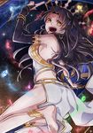  :d anklet artist_name bare_shoulders barefoot black_bow black_gloves bow breasts bridal_gauntlets crystal earrings elbow_gloves fate/grand_order fate_(series) foreshortening gloves hair_bow hairband heavenly_boat_maanna highres ishtar_(fate/grand_order) jewelry leg_up long_legs looking_at_viewer medium_breasts open_mouth orange_eyes outstretched_arm rindo shield signature single_glove smile solo standing standing_on_one_leg teeth toes twintails v-shaped_eyebrows 