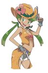  :d armpit_peek bare_shoulders belt blush_stickers bra breasts chaps cleavage dark_skin denim denim_shorts dual_wielding fingerless_gloves flower_ornament from_side gloves green_eyes green_hair gun handgun hat hat_tip holding itamochi jacket long_hair looking_at_viewer mao_(pokemon) midriff navel open_clothes open_jacket open_mouth pink_bra pokemon pokemon_(game) pokemon_sm revolver shorts simple_background sleeveless small_breasts smile solo twintails underwear weapon western white_background 