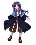  androgynous anmita_(rarutos) bandages capelet clause coat full_body len'en long_hair lowres necktie puffy_pants purple_eyes purple_hair smile solo transparent_background 
