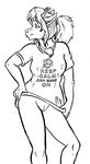  2016 anthro bottomless caprine chest_tuft clothed clothing ear_piercing female goat hand_on_hip mammal monochrome piercing ponytail pussy shirt shirt_pull simple_background smile solo style_wager text tuft white_background 