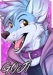  2016 anthro arctic_fox blue_fur brown_eyes bust_portrait canine clothed clothing collar dagger_leonelli english_text fox fur goji hoodie looking_at_viewer male mammal portrait smile solo text white_fur 