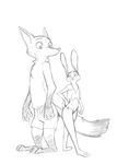  2016 akiric anthro barefoot black_and_white boxers_(clothing) breasts camisole canine clothed clothing dipstick_tail disney duo eye_contact female fox gloves_(marking) hand_on_hip judy_hopps lagomorph lingerie looking_back male mammal markings midriff monochrome multicolored_tail nick_wilde rabbit simple_background size_difference sketch skimpy small_breasts smile socks_(marking) standing thong topless underwear white_background zootopia 
