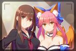  :d animal_ears bangs bare_shoulders black_serafuku black_shirt blue_bow blue_kimono bow breasts brown_eyes brown_hair cleavage closed_mouth collarbone detached_collar detached_sleeves eyebrows_visible_through_hair fate/extra fate_(series) fox_ears fox_tail grin hair_between_eyes hair_bow japanese_clothes kimono kishinami_hakuno_(female) large_breasts long_hair long_sleeves medium_breasts multiple_girls neckerchief open_mouth philomelalilium pink_hair pink_lips pose reaching_out school_uniform self_shot serafuku shirt sidelocks smile strapless tail tamamo_(fate)_(all) tamamo_no_mae_(fate) teeth tsukumihara_academy_uniform_(fate/extra_ccc) twintails upper_body viewfinder yellow_eyes 
