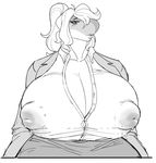  ambiguous_species anthro big_breasts breasts cabigoola clothed clothing female huge_breasts hyper hyper_breasts lactating monochrome nipple_bulge obese overweight solo 