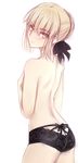  artoria_pendragon_(all) ass back black_panties blonde_hair braid breasts butt_crack covering covering_breasts fate/stay_night fate_(series) flat_ass french_braid hair_bun hair_ribbon lace lace-trimmed_panties pale_skin panties revision ribbon saber_alter short_hair simple_background small_breasts solo surprised topless tusia underwear underwear_only white_background yellow_eyes 