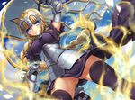  armor ass_visible_through_thighs bangs black_gloves black_legwear blonde_hair blue_eyes blue_sky blush braid breasts chain cloud cloudy_sky commentary_request day dutch_angle elbow_gloves eyebrows_visible_through_hair fate/apocrypha fate_(series) faulds flag from_below gauntlets gloves headpiece holding holding_flag impossible_clothes jeanne_d'arc_(fate) jeanne_d'arc_(fate)_(all) knee_up large_breasts long_hair looking_at_viewer mashu_003 no_panties outdoors parted_lips single_braid sky solo teeth thighhighs thighs very_long_hair wind wind_lift 