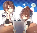  :t artist_name brown_eyes brown_hair commentary_request hand_on_own_cheek holding holding_paper hyuuga_(kantai_collection) ise_(kantai_collection) japanese_clothes jpeg_artifacts kantai_collection multiple_girls paper polka_dot polka_dot_background ponytail pout pouty_lips short_hair signature spoken_squiggle squiggle sweatdrop toosaka_asagi v-shaped_eyebrows 