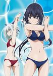  antenna_hair armpits arms_up ass bikini black_hair blue_bikini blue_eyes blue_ribbon breasts brown_eyes cleavage cowboy_shot hair_ribbon highres kaminashi_nozomi keijo!!!!!!!! long_hair medium_breasts miyata_sayaka multiple_girls navel official_art ponytail red_bikini ribbon short_hair sideboob silver_hair smile sports_bikini standing stomach swimsuit white_ribbon 