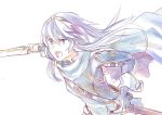  1girl artist_request blue_eyes blue_hair blush cape falchion_(fire_emblem) fingerless_gloves fire_emblem fire_emblem:_kakusei gloves long_hair nintendo open_mouth simple_background solo sword weapon white_background 