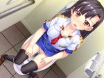  bidet black_hair black_legwear blue_skirt blush breasts censored covered_nipples daini_ongakushitsu_he_youkoso!! dutch_angle game_cg hands_on_own_thighs highres indoors knees_together_feet_apart large_breasts long_hair looking_at_viewer mole mole_under_mouth mosaic_censoring ookouchi_sayaka open_mouth panties panty_pull pussy red_eyes restroom_stall school_uniform shirt shoes sitting skirt solo take_shinobu thighhighs tile_floor tiles toilet toilet_paper toilet_use underwear white_shirt 