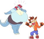  anthro bandicoot big_breasts breasts cabigoola clothed clothing crash_bandicoot crash_bandicoot_(series) duo feline female huge_breasts hyper hyper_breasts male mammal marsupial nipple_bulge open_mouth standing video_games 