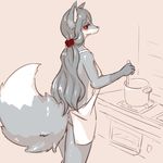  artist_reqeust fox furry grey_hair long_hair naked_apron open_mouth red_eyes 