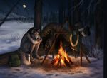  5_fingers ambiguous_gender anthro black_hair black_lips black_nose canine clothing detailed_background digitigrade ear_piercing female fire forest fur grey_fur hair mammal moon night nude outside piercing sitting snow solo tree white_fur wolf wolnir 