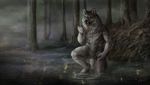  5_fingers anthro black_lips black_nose canine day detailed_background digitigrade forest fur grey_fur male mammal nude outside partially_submerged solo standing tree water wolf wolnir 
