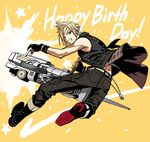  action blonde_hair blue_eyes boots chain decoponmagi denim final_fantasy final_fantasy_xv fingerless_gloves full_body gloves grin gun happy_birthday holding holding_gun holding_weapon jeans male_focus one_eye_closed pants prompto_argentum smile solo star starry_background vest weapon yellow_background 