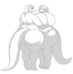  anthro big_breasts breast_squish breasts cabigoola dinosaur duo female female/female huge_breasts hyper hyper_breasts monochrome nude obese open_mouth overweight smile standing 