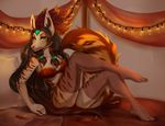  anthro bed canine clothed clothing female fur hair legwear looking_at_viewer mammal sitting solo stockings vexstacy 