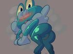  2016 2_toes amphibian anus blue_eyes blue_skin blush butt female froakie grey_background hi_res looking_at_viewer looking_back lying nintendo on_side open_mouth penlink pok&eacute;mon pussy semi-anthro simple_background solo teeth toes video_games yellow_sclera 