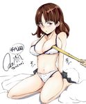  admiral_(kantai_collection) backscratcher bangs bikini_pull blush bra breasts brown_eyes brown_hair character_name chiyoda_(kantai_collection) cleavage collarbone commentary kantai_collection large_breasts looking_down navel out_of_frame panties parted_lips rizzl signature simple_background sitting solo_focus thighs twitter_username underwear underwear_only white_background white_bra white_panties 
