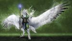  4_toes anthro avian beak black_beak clothed clothign clothing digitigrade feathered_wings feathers green_background gryphon hybrid isvoc male simple_background solo staff standing toes wings 