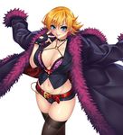  belt black_legwear blonde_hair blue_eyes blush bra breasts chain cleavage collar fingerless_gloves fingernails fur_trim gloves highres igawa_sakura kagami_hirotaka large_breasts long_coat looking_at_viewer midriff navel short_hair short_shorts shorts simple_background smile solo taimanin_(series) taimanin_asagi taimanin_asagi_zero underwear white_background 