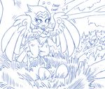  2016 avian blue_and_white blush breasts cleavage clothed clothing egg english_text feathered_wings feathers female harpy midriff monochrome navel nest plagueofgripes shantae shantae_(series) solo text tree wings 