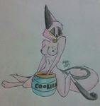  2015 breasts brown_eyes colored_pencil cookie dreamkeepers fawkesvtrot female food fur invalid_tag looking_at_viewer pink_fur simple_background solo viriathus 