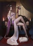  2014 absurdres animal artist_name bare_shoulders braid breasts brown_eyes brown_hair candle cat circlet closed_mouth english fire flame full_body highres indoors instrument looking_at_viewer medium_breasts navel number original realistic sandals sidelocks sitting tied_hair tony_wang 