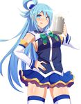  alcohol aqua_(konosuba) bare_shoulders beer_mug blue_eyes blue_hair bow breasts cowboy_shot cup detached_sleeves foam food food_on_face hair_ornament hair_rings hand_on_hip highres holding holding_cup idtmli kono_subarashii_sekai_ni_shukufuku_wo! licking_lips long_hair looking_at_viewer medium_breasts mug sideboob simple_background skirt solo standing thighhighs tongue tongue_out very_long_hair white_background 