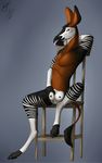  2016 anthro biped black_fur black_hooves brown_fur brown_tail chair digital_media_(artwork) female front_view full-length_portrait fur gloves_(marking) grey_background grey_tongue grope hand_behind_head hi_res hooves illah_oakridge lactating long_tongue looking_at_viewer mammal markings maskedhusky milk multicolored_fur nude okapi pinup portrait pose pussy signature simple_background sitting snout solo striped_fur stripes tail_tuft teats tongue tongue_out tuft white_fur white_stripes 